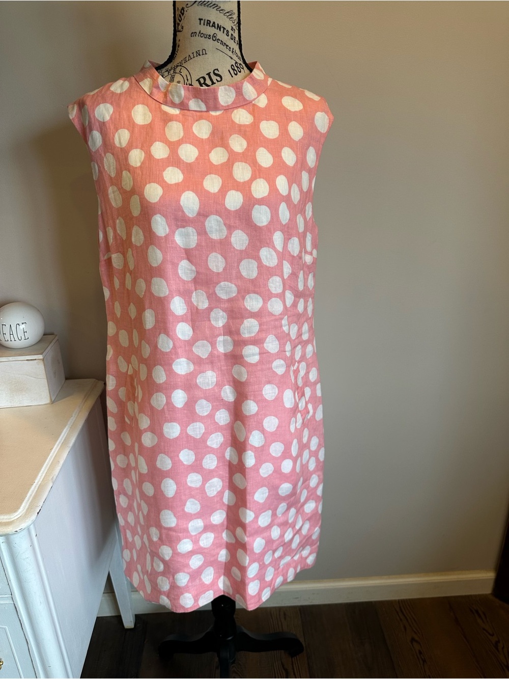 Island Company Pink & White Polka Dot Linen Dress Size Large Pockets!